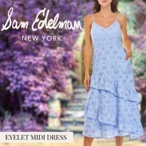 SAM EDELMAN Strappy Asymmetrical-Ruffled-Tier Cotton Eyelet Midi Dress NWT/10